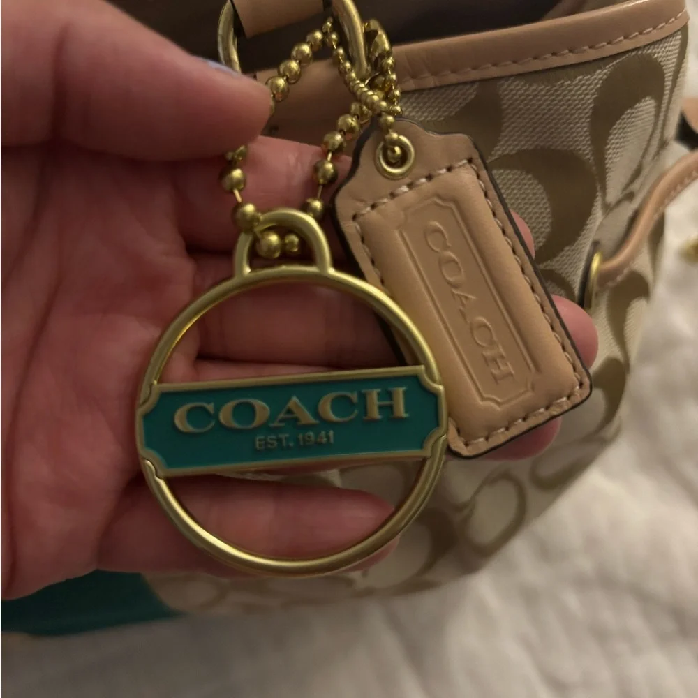 Coach Signature Khaki Tan with Green Stripe Drawstring Carryall (F28501) - Picture 9 of 10
